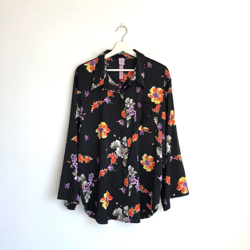 Savage X Fenty Night Blooms Floral Satin Button Up Sleep Shirt Top Size Medium